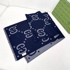 Gucci Reversible Navy & Gray GG Wool Scarf